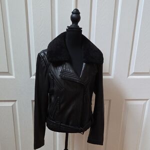 Michael Kors Black Leather Moto Jacket Fur Collar-L